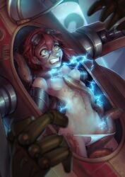 clothing electric electric_eel electric_shock electricity electro electrostimulation female forced_orgasm green_eyes human krakenkatz machine mecha pale_skin red_hair shock shocked shocking sparks tagme