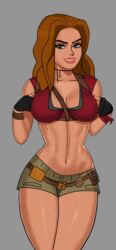 1girls belt booty_shorts breasts brown_eyes brown_hair choker cleavage clothed crop_top drawingthings12 edit female female_only fingerless_gloves fit_female huge_breasts jumanji karen_gillan large_breasts looking_at_viewer low_cut_top red_hair reddish_hair ruby_roundhouse short_shorts smile sunsetriders7 tan tan_skin wide_hips