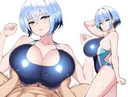 1boy backless_swimsuit blue_eyes blue_hair blue_one-piece_swimsuit breasts breasts_squeezed_together cleavage clothed_sex collarbone commentary competition_swimsuit cowboy_shot expressionless female hand_on_own_head highres huge_breasts looking_at_viewer multicolored_one-piece_swimsuit one-piece_swimsuit original paid_reward_available paizuri paizuri_under_clothes parted_lips pov sakidesu short_hair simple_background solo_focus standing straight swimsuit textless_version torn_clothes torn_swimsuit trembling wet white_background