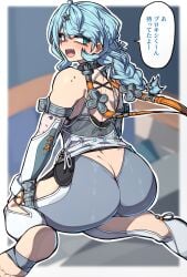 ass bare_shoulders blue_background blue_eyes blue_hair blush clothing_cutout detached_sleeves feet female flower_ornament foot_blush formal_clothes grey_pants hair_ornament hairpin highres ishibori_eregomos latex_pants looking_at_another mole mole_on_shoulder oerba_yun_fang open_mouth pants see-through_dress_layer seed seed_(zenless_zone_zero) sitting solo speech_bubble suit thigh_cutout toeless_legwear toeless_socks white_suit zenless_zone_zero