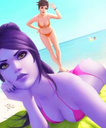 1boy 2girls 3girls :d ass bare_shoulders barefoot beach beach_towel bikini black_nails blue_sky bracelet breasts brown_eyes brown_hair cleavage closed_mouth clothing cloud collarbone colored_skin day eyelashes female fingernails freckles hair_tie hand_on_own_hip hand_up head_rest high_ponytail horizon inflatable_raft innertube jewelry leaning_forward leoqueval lips lipstick long_fingernails long_hair looking_at_viewer lying makeup mascara medium_breasts mole_on_body multiple_girls nail_polish navel nose ocean on_stomach open_mouth orange_bikini orange_goggles outdoors overwatch pink_bikini pink_lips ponytail purple_hair purple_lips purple_nails purple_skin short_hair sky smile spiked_hair standing stud_earrings swept_bangs swim_ring swimsuit the_pose toenail_polish toenails towel tracer watch water waving widowmaker wristwatch yellow_eyes