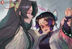 2girls against_wall ai_assisted ai_generated assertive_female big_breasts blush breasts butterfly_hair_ornament caption captioned closed_mouth clothed clothing comic comic_page demon_slayer dominant_female domination english english_text female female/female female_only girl_on_girl girls_only grabbing grabbing_hand half-closed_eyes heart hoorpy incest indoors japanese kimetsu_no_yaiba kochou_kanae kochou_shinobu large_breasts larger_female lesbian_domination lesbian_focus long_hair moan moaning motion_lines multiple_girls open_eyes patreon patreon_logo patreon_url patreon_username pressed_against purple_hair room shinobu shocked short_hair shy sisters size_difference smile smug sound_effects submissive_female talking talking_to_another yuri