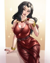 1girls asami_sato avatar_the_last_airbender black_hair bracelets dangerousbride dress elegant female female_only green_eyes grin grinning_at_viewer long_dress long_hair looking_at_viewer necklace nickelodeon red_lipstick red_nail_polish smiling smiling_at_viewer solo the_legend_of_korra very_high_resolution