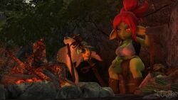 1futa 3d animated axe balls bare_shoulders bella_(coot27) big_breasts bonfire breasts camp campfire clothing coot27 footwear futanari goblin goblin_futa green_body green_skin humanoid ineffective_clothing intersex loincloth mostly_clothed penis penis_peek red_hair relaxing sitting tagme video weapon