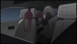 2girls back black_shirt black_sweater blush bra breasts car_interior car_seat covered_eyes feet_out_of_frame floral_print grey_hair hair_over_eyes highres hinagi_(fox_priest) honkai:_star_rail honkai_(series) implied_futanari kafka_(honkai:_star_rail) large_breasts legs_up long_hair long_sleeves low_ponytail multiple_girls open_mouth ponytail purple_bra purple_hair rose_print sex shirt sidelocks sleeves_rolled_up stelle_(honkai:_star_rail) sweat sweater trailblazer_(honkai:_star_rail) turtleneck turtleneck_sweater underwear yuri