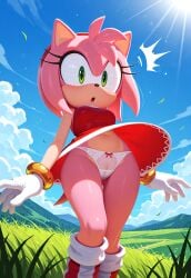 accessory accidental_exposure ai_generated amy_rose anthro bangle blush bracelet camel_toe clothed clothing cloud dress eulipotyphlan female fur furry furry_only genital_outline genitals gloves grass green_eyes handwear headband hedgehog hi_res jewelry mammal navel outside panties pink_body pink_fur plant pussy pussy_outline sega sky solo solo_focus sonic_the_hedgehog_(series) surprise translucent translucent_clothing translucent_underwear underwear upskirt wind