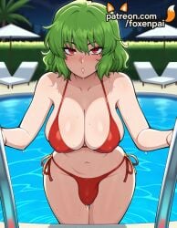 1futa 2025 ai_generated artist_name bikini breasts bust chest foxenpai futanari green_hair hi_res high_quality high_resolution highres navel ocean palm_tree parted_lips patreon patreon_username pool pool_ladder poolside red_bikini red_eyes side-tie_bikini side-tie_panties solo stable_diffusion swimsuit touhou water watermark wet yuuka_kazami