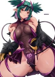 absurdres aosora2823 artist_name bare_shoulders black_feathers black_wings breasts claws commission covered_navel demon_tail feathers female gluteal_fold green_hair harpy highres indie_virtual_youtuber lincoro medium_breasts monster_girl navel pointy_ears red_eyes short_hair short_twintails showgirl_skirt simple_background skeb_commission smile solo spread_legs stomach_tattoo tail tattoo thighs tiara twintails virtual_youtuber white_background winged_arms wings