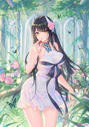 alternative_costume anthropomorphization artist_name atdan azur_lane backless_dress backless_outfit bare_arms bare_shoulders black_hair blue_flower blush breasts bug butterfly cherry clavicle covered_navel cowboy_shot dress exposed_shoulders female flower food fruit golden_eyes hair_flower hair_ornament halter_dress halterneck hand_up hiei_(azur_lane) high_resolution holding holding_food holding_fruit holding_object horns insects large_breasts leaf light_particles light_rays long_hair looking_at_viewer parted_lips pink_flower plant purple_flower rose sleeveless sleeveless_dress solo standing sunbeam sunlight tagme thighs tree very_long_hair white_dress yellow_eyes