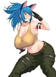 1girls aster_crowley big_ass big_breasts blue_hair busty busty_female cat_ears catgirl clothed clothed_female curvy curvy_female earrings feline female female_focus gloves green_eyes huge_breasts king_of_fighters large_breasts leather leona_heidern long_hair military pants ponytail shirt thick thick_legs thick_thighs thighs tight_shirt wide_hips
