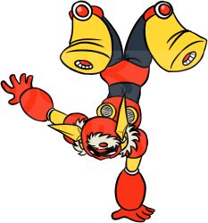 1boy 2d armor black_clothing boots capcom curvy curvy_figure dorkature flexible gloves hand_stand helmet hi_res high_resolution highres male_only mask masked masked_male mega_man mega_man_(classic) metal_man no_visible_genitalia red_armor red_eyes robot robot_master shadow_over_eyes solo solo_male standing_on_hands watermark