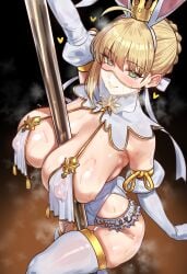 1girls ahoge artoria_pendragon big_breasts blonde_hair blush breasts bunnysuit clothing crown ebora erect_nipples erect_nipples_under_clothes fate/grand_order fate_(series) female female_focus gloves green_eyes harem_outfit high_resolution huge_breasts large_filesize legwear light-skinned_female light_skin lingerie lord_logres_(fate/grand_order) mouth_veil nipples pole pole_dancing queen ready_for_sex short_hair smile solo solo_focus steam stripper sweat sweatdrop tagme thick_thighs thighhighs thighs tied_hair very_high_resolution