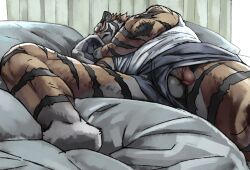anthro balls bed bottomwear closed_eyes clothing curtains felid flaccid foreskin furniture genitals humanoid_genitalia humanoid_penis inubikko lying male mammal mouth_closed on_bed pantherine penis penis_poking_out penis_through_leghole pillow quilt retracted_foreskin shirt shorts sleeping solo tank_top tiger topwear white_clothing white_shirt white_tank_top white_topwear