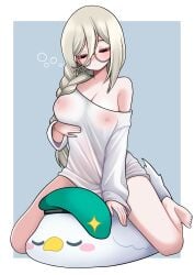 aia_amare aroused barefoot breast_lift closed_eyes covered_nipples full-face_blush head_tilt huge_breasts indie_virtual_youtuber naked_shirt nipple_bulge nipples_visible_through_clothing second-party_source skeb_commission sleeping thick_thighs toes virtual_youtuber wide_hips