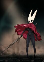 1girls anthro anthro_female anthro_only areola areolae big_breasts big_nipples black_body breasts cloak cloak_only female female_only hollow_knight hollow_knight:_silksong hornet_(hollow_knight) nipples pussy silksong solo solo_female stick_nipples team_cherry thighs unknown_artist weapon
