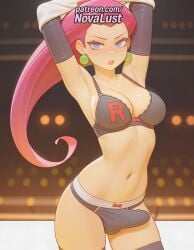 1futa 2025 ai_generated armpits arms_up artist_name average_breasts blurry blurry_background blush bow bow_bra bow_panties bra breasts bust chest cock dick earrings elbow_gloves futanari gloves hi_res high_quality high_resolution highres hoop_earrings jessie_(pokemon) jewelry long_hair medium_breasts navel normal_breasts novalust open_mouth panties patreon patreon_username penis pokemon solo stable_diffusion team_rocket thighhighs underwear watermark