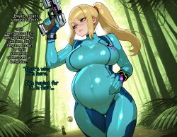1female 1girls absurd_res absurdres ai_assisted ai_generated bangs belly_button belly_button_visible_through_clothing big_ass big_breasts big_butt blonde_hair blue_bodysuit blue_eyes blush bodysuit breasts busty comic dialogue female female_only gloves high_heels hourglass_figure jungle jungle_background light-skinned_female light_skin metroid nintendo outdoors pistol ponytail pregnancy pregnant pregnant_belly pregnant_female samus_aran sandcrop sci-fi short_hair skin_tight solo tight_clothing voluptuous voluptuous_female