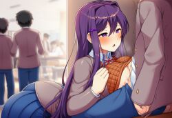 ai_generated behind_view cumshot doki_doki_literature_club hiding paizuri public purple_hair yuri_(doki_doki_literature_club)