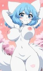 ai ai-created ai_art ai_generated arms_behind_head arms_up big_breasts blue_eyes blue_hair bouncing_breasts cherry_blossom cherry_blossoms completely_naked completely_naked_female completely_nude completely_nude_female dancing naked naked_female nipples nude nude_female pixai seductive_smile sexy sexy_pose shaking_breasts showing_breasts showing_off smile vtuber vtuberfanart vtubers white_body white_fur white_skin wolf wolf_ears wolf_girl wolf_humanoid wolfychu youtube youtuber youtuber_girl youtubers