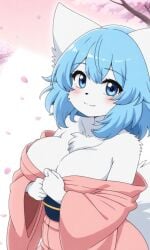 ai ai-created ai_art ai_generated bare_shoulders big_breasts blue_eyes blue_hair cherry_blossom cherry_blossoms kimono kimono_open pixai seductive_smile smile undressing vtuber vtuberfanart vtubers white_body white_fur white_skin wolf wolf_ears wolf_girl wolf_humanoid wolfychu youtube youtuber youtuber_girl youtubers
