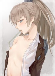 1girls blue_eyes brown_hair bust clavicle drinking_straw female kanden_suki kantai_collection kumano_(kantai_collection) light-skinned_female light_skin long_hair looking_at_viewer mouth_hold navel nipples open_clothes open_shirt pettanko ponytail shirt small_breasts solo twitter_username upper_body