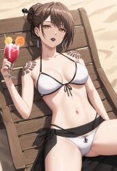 ai_generated akeha bikini black_lips black_lipstick breasts brown_hair female nier nier_reincarnation shoulder_tattoo sitting_on_chair tattoo white_bikini