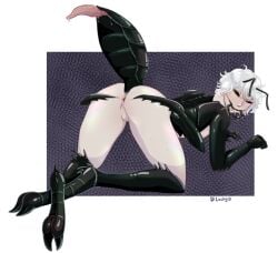 4_arms alien alien_humanoid ambiguous_gender animal_humanoid anus anus_focus arthropod arthropod_abdomen arthropod_abdomen_genitalia arthropod_humanoid ass awfulluck bodily_fluids claws drooling fangs_bared feet genitals hair hi_res humanoid insect_humanoid insects looking_at_viewer looking_back male mandibles multi_arm multi_limb null null_bulge pale_skin pawpads presenting presenting_hindquarters saliva seductive solo solo_focus spread_butt spreading unusual_anatomy unusual_genitalia white_hair