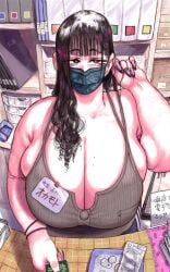 1girls bbw cashier cleavage facemask female female_only gigantic_breasts huge_breasts human massive_breasts mole mole_on_breast overweight overweight_female ping-fuhherin public revealing_clothes solo solo_female