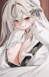 azur_lane between_breasts blush breasts cg cleavage earrings female grin hair_between_eyes hair_ornament hakuhou_(azur_lane) heart huge_breasts japanese_clothes jewelry kimono large_breasts long_hair looking_at_viewer mole smile solo upper_body white_hair white_kimono yellow_eyes