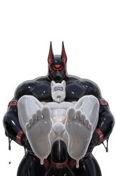 anal anal_sex anthro anthro_doll_hood balls black_latex bodily_fluids bondage canid canine canis clothing condom_suit connor_fff cuff_(restraint) cum cum_from_mouth cum_in_mouth cum_inside domestic_dog drone erection eyeless feet foot_focus front_view genital_fluids genitals head_down hi_res humanoid_genitalia humanoid_penis jackal latex latex_clothing latex_skinsuit male mammal muscular penetration penile penile_penetration penis penis_cuff penis_in_ass restraints reverse_stand_and_carry_position sex simple_background skinsuit solo spread_legs spreading standing standing_sex tight_clothing tube_mouth white_background white_latex