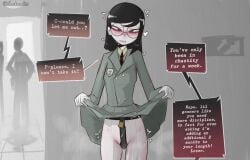 1girls black_hair blush chastity chastity_belt chastity_device dialogue elsimain english english_dialogue english_text female female_chastity female_focus femsub flat_chest glasses heart light-skinned_female light_skin marcy_(elsimain) offscreen_character orgasm_denial original original_character padlock pussy pussy_juice pussy_juice_drip quiver red_eyes school_uniform schoolgirl shaking silhouette silhouette_background silhouetted_body skirt skirt_lift student submissive submissive_female uniform