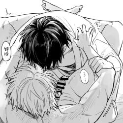 2boys anal anal_sex arm_grab bar_censor erect_nipples gay gintama gintoki_sakata kimono leg_lock legs_up male male_only monochrome on_back penis sakurana sweat takasugi_shinsuke yaoi