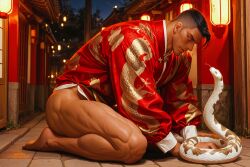 ai_generated athletic_male bara bottomless chinese_clothes dark_hair gay handsome male_only muscular_legs muscular_male naked_from_the_waist_down partially_clothed partially_clothed_male partially_nude partially_undressed smiling_at_viewer solo_male zodoai