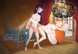 asleep barefoot bed breast_out breasts cock crossover deponia dialogue dick dreaming edna_and_harvey_the_breakout edna_konrad english_text erect_nipples erect_penis erection feet futa_cock futa_on_female futa_with_female futanari goal_(deponia) gown holding_partner holding_toy hospital_gown looking_at_partner mischievous_look noseless orange_hair owotodiuwu panties panties_aside partially_clothed penetration penis pink_panties plushie purple_hair pussy sex sex_on_bed sleep_molestation sleep_sex sleeping smooth_penis smooth_pussy somnophilia text tit_out tits_out toy vagina vaginal_penetration vaginal_sex