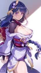 1girls blush braid cleavage female female_only genshin_impact large_breasts long_hair miazi mole mole_under_eye purple_eyes purple_hair raiden_shogun solo thick thighs voluptuous