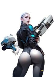 river_(lust_goddess) lust_goddess white_skin white_hair big_ass big_butt blue_eyes drone laser_rifle blue_jacket ai_generated transparent_background