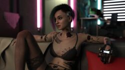 1girls 3d asymmetrical_hair athletic athletic_female belly belly_button black_bra black_panties black_underwear breasts brown_eyes cd_projekt_red couch cyberpunk_2077 female female_focus female_only ffr0rstt gloves green_hair hi_res judy_alvarez knee_up lace-trimmed_bra lace-trimmed_panties lace-trimmed_thighhighs looking_away multicolored_hair navel neon_lights purple_hair shaved_side short_hair sitting small_breasts solo solo_female solo_focus tattoo thighhighs two_tone_hair underwear