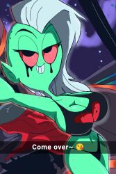 1girls alien alien_girl asymmetrical_hair bed bedroom bedroom_eyes black_panties breasts cleavage clothed crop_top curvy disney female female_only freckles green_skin half-closed_eyes heart highres huge_breasts indoors lord_dominator manic47 navel panties pink_sclera pointy_ears selfie sexting skimpy smile solo space tank_top wander_over_yonder white_hair