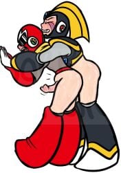 2boys 2d anal anal_sex armor bara bass_(mega_man) black_armor blush boots capcom closed_eyes cock cum cumming cumming_from_anal_sex cumming_together cumming_while_penetrated cumming_while_penetrating cumshot dick dorkature gay gay_sex genitals gloves gray_clothing helmet mega_man mega_man_(classic) no_visible_genitalia penis pinned pinned_to_wall proto_man red_armor robot robot_master scarf shades sharp_teeth stomach_bulge sunglasses sweating uncensored visor visor_(eyewear) watermark