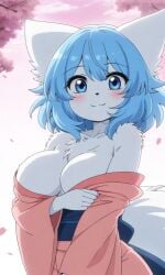 ai ai-created ai_art ai_generated bare_shoulders big_breasts blue_eyes blue_hair cherry_blossom cherry_blossoms kimono kimono_open pixai seductive_smile smile undressing vtuber vtuberfanart vtubers white_body white_fur white_skin wolf wolf_ears wolf_girl wolf_humanoid wolfychu youtube youtuber youtuber_girl youtubers