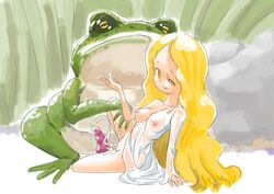 1boy 1girls 2019 absurd_res after_sex animal_penis ass bare_arms bare_shoulders beautiful_darkness blonde_hair breasts clitoris cum cum_drip cum_in_pussy cum_inside dress erect_nipples erect_nipples_under_clothes female frog grass green_body highres interspecies leaning_back leg_grab long_hair looking_at_viewer male matching_hair/eyes minigirl minus8 nipples one_breast_out open_mouth penis princess_zelia pussy rock see-through see-through_clothing sitting smile smug thighs very_long_hair wavy_mouth wet wet_clothes white_dress yellow_cum yellow_eyes zoophilia