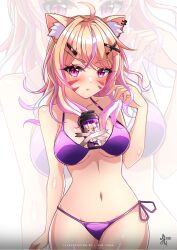 :t animal_ear_fluff animal_ears bare_arms bare_shoulders bikini blonde_hair blush breasts cat_ears cat_tail cleavage closed_mouth collarbone drinking_straw eyebrows_visible_through_hair female hair_ornament long_hair looking_at_viewer navel pink_hair pout purple_bikini side-tie_bikini solo squchan_(vtuber) stomach vyugen zoom_layer