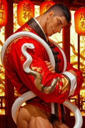 ai_generated athletic_male bara bottomless chinese_clothes dark_hair gay handsome male_only muscular_legs muscular_male naked_from_the_waist_down partially_clothed partially_clothed_male partially_nude partially_undressed smiling_at_viewer solo_male zodoai