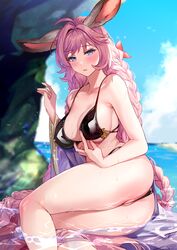 aki663 animal_ears bikini braid bunny_ears esser_(granblue_fantasy) granblue_fantasy pussy swimsuits thong wet