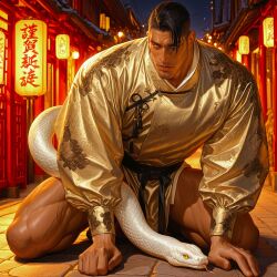 ai_generated athletic_male bara bottomless chinese_clothes dark_hair gay handsome male_only muscular_legs muscular_male naked_from_the_waist_down partially_clothed partially_clothed_male partially_nude partially_undressed smiling_at_viewer solo_male zodoai