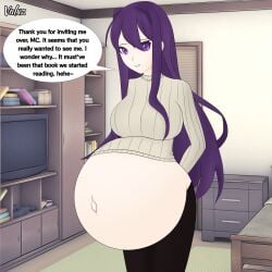 doki_doki_literature_club looking_at_viewer pregnant pregnant_female purple_eyes purple_hair super_belly talking_to_viewer yuri_(doki_doki_literature_club)