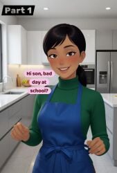 ai_generated apron blue_apron female female_only green_sweater kitchen latina latina_female milf mom sweater your_mom