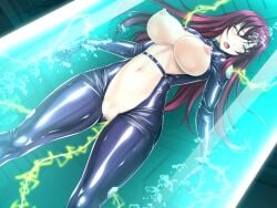 blush bodysuit bondage bound breasts breasts_out censored closed_eyes dutch_angle electricity female frontless_outfit game_cg huge_breasts in_container large_variant_set latex liese_heldebrand long_hair mosaic_censoring navel nengoku_no_liese nipples non-web_source official_art open_bodysuit open_clothes open_mouth purple_hair pussy restrained rindou_(radical_dream) shiny_clothes skin_tight solo stasis_tank submerged tube underwater unzipped variant_set water_tank