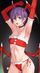 ameno_shigure armpits arms_up bat_wings blush christmas clothing darkstalkers demon_girl female flat_chest fur-trimmed_bikini fur_trim gloves head_wings lilith_aensland looking_at_viewer navel panties purple_hair red_bikini red_gloves santa_bikini short_hair side-tie_bikini smile solo standing succubus toned vampire_(game) very_short_hair wings