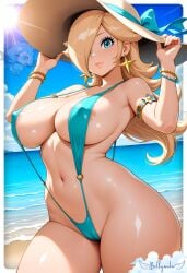 2025 ai_generated beach_background bellyanka blue_slingshot_swimsuit blue_swimsuit deviantart looking_at_viewer nintendo princess_rosalina smiling_at_viewer solo_female super_mario_bros.